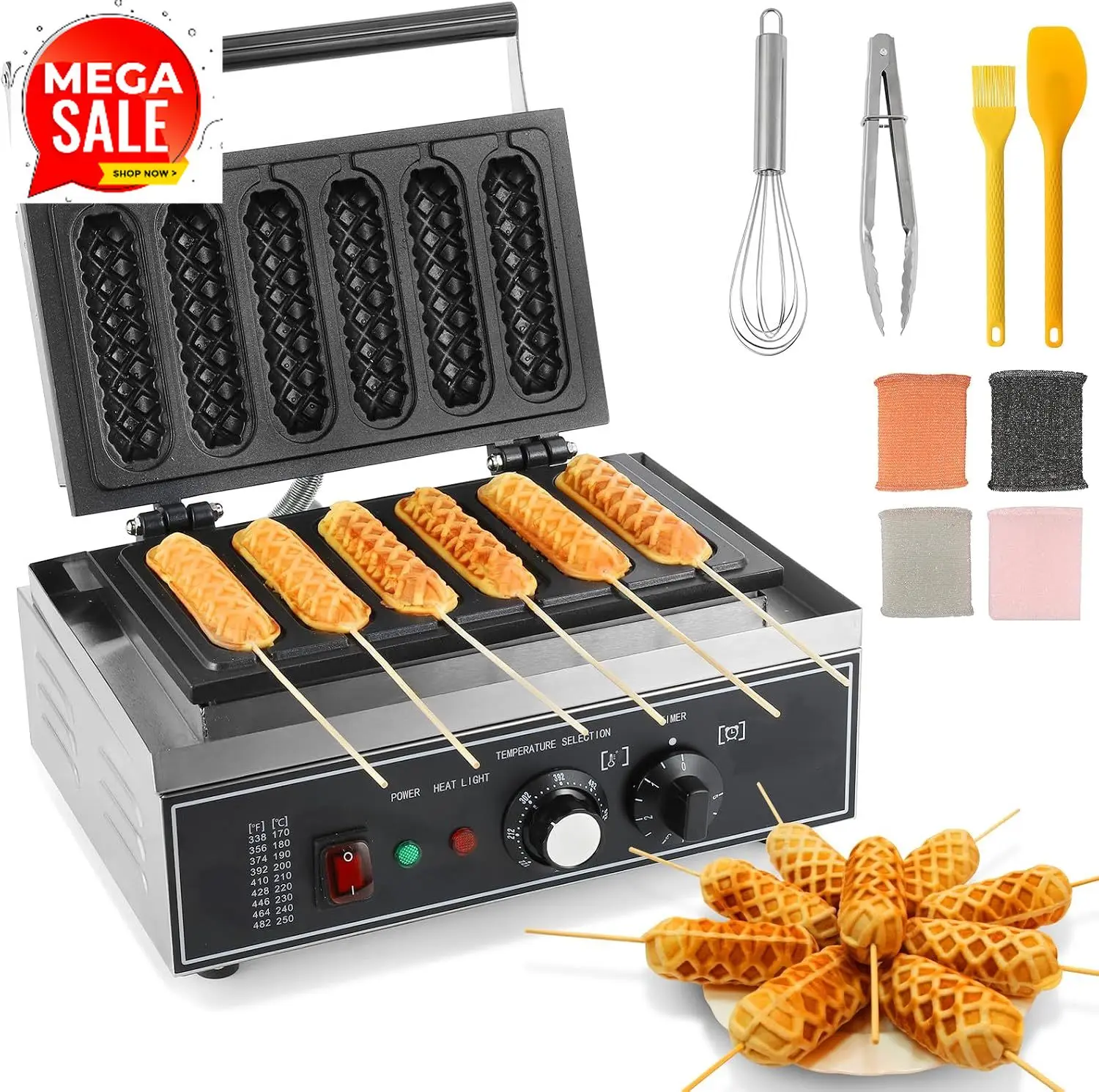 Corn Dog Stick - 6-teiliger Corn-Dog-Maker, 1550W Kommerzieller Waffelstiel-Maker für